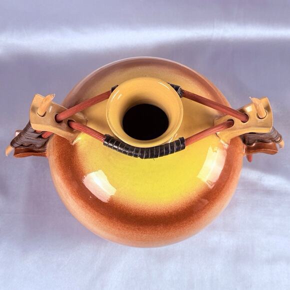 Large Art Pottery Vase Southwest Style MCM Yellow Orange Wood Handles 11” Signed - Picture 3 of 13